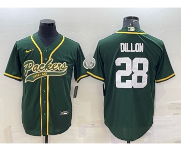 Men's Green Bay Packers #28 AJ Dillon Green With Patch Cool Base Stitched Baseball Jersey