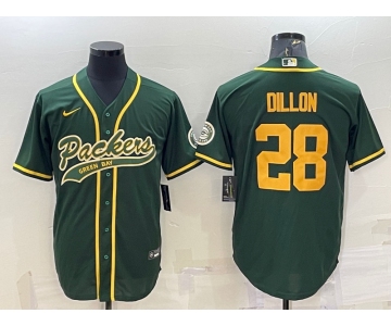 Men's Green Bay Packers #28 AJ Dillon Green Yellow With Patch Cool Base Stitched Baseball Jersey