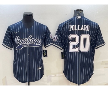 Men's Dallas Cowboys #20 Tony Pollard Navy Blue Pinstripe With Patch Cool Base Stitched Baseball Jersey