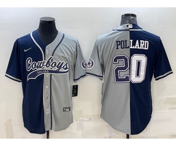 Men's Dallas Cowboys #20 Tony Pollard Navy Grey Split With Patch Cool Base Stitched Baseball Jersey