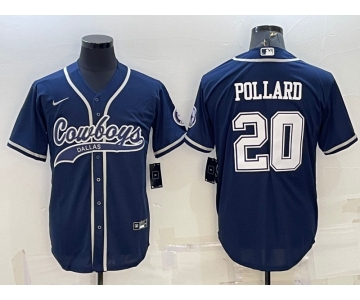 Men's Dallas Cowboys #20 Tony Pollard Navy With Patch Cool Base Stitched Baseball Jersey