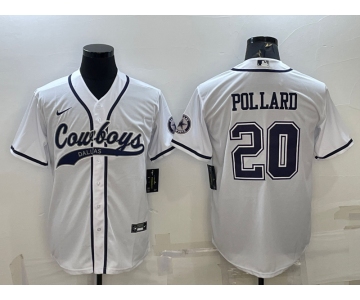 Men's Dallas Cowboys #20 Tony Pollard White With Patch Cool Base Stitched Baseball Jersey