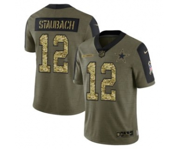 Men's Olive Dallas Cowboys #12 Roger Staubach 2021 Camo Salute To Service Limited Stitched Jersey