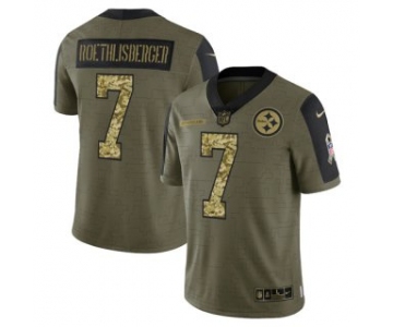 Men's Olive Pittsburgh Steelers #7 Ben Roethlisberger 2021 Camo Salute To Service Limited Stitched Jersey