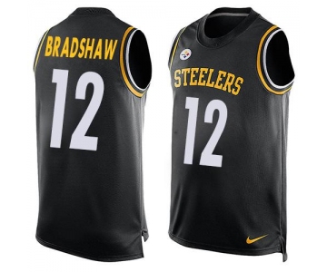 Men's Pittsburgh Steelers #12 Terry Bradshaw Black Hot Pressing Player Name & Number Nike NFL Tank Top Jersey