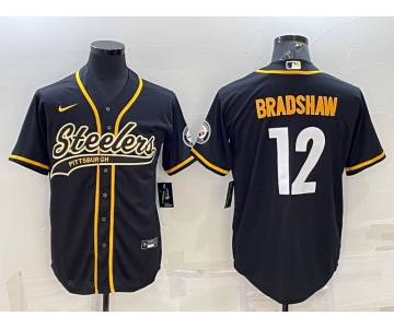 Men's Pittsburgh Steelers #12 Terry Bradshaw Black With Patch Cool Base Stitched Baseball Jersey