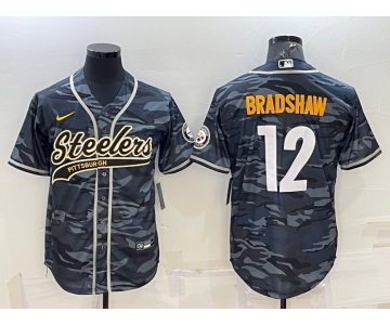 Men's Pittsburgh Steelers #12 Terry Bradshaw Grey Navy Camo With Patch Cool Base Stitched Baseball Jersey