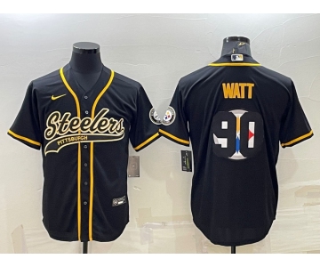 Men's Pittsburgh Steelers #90 TJ Watt Black Team Big Logo With Patch Cool Base Stitched Baseball Jersey