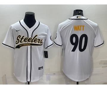 Men's Pittsburgh Steelers #90 TJ Watt White With Patch Cool Base Stitched Baseball Jersey