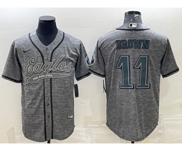 Men's Philadelphia Eagles #11 A. J. Brown Gray With Patch Cool Base Stitched Baseball Jersey