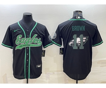 Men's Philadelphia Eagles #11 AJ Brown Black Team Big Logo With Patch Cool Base Stitched Baseball Jersey