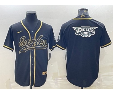 Men's Philadelphia Eagles Black Gold Team Big Logo With Patch Cool Base Stitched Baseball Jersey