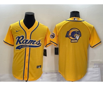 Men's Los Angeles Rams Yellow Team Big Logo With Patch Cool Base Stitched Baseball Jersey