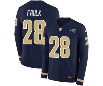 Nike Rams #28 Marshall Faulk Navy Blue Team Color Men's Stitched NFL Limited Therma Long Sleeve Jersey