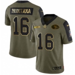 Men's Olive San Francisco 49ers #16 Joe Montana 2021 Camo Salute To Service Golden Limited Stitched Jersey