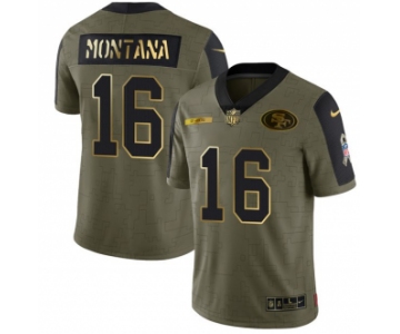 Men's Olive San Francisco 49ers #16 Joe Montana 2021 Camo Salute To Service Golden Limited Stitched Jersey