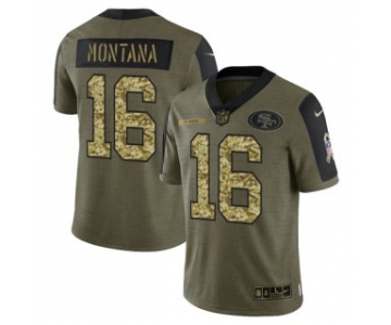 Men's Olive San Francisco 49ers #16 Joe Montana 2021 Camo Salute To Service Limited Stitched Jersey
