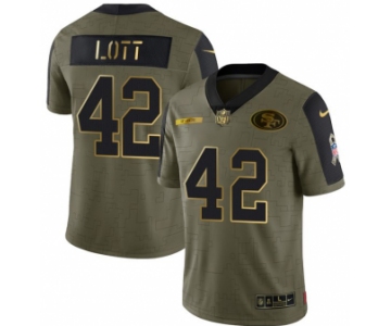 Men's Olive San Francisco 49ers #42 Ronnie Lott 2021 Camo Salute To Service Golden Limited Stitched Jersey