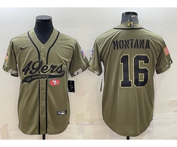 Men's San Francisco 49ers #16 Joe Montana 2022 Olive Salute to Service Cool Base Stitched Baseball Jersey