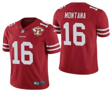 Men's San Francisco 49ers #16 Joe Montana Red 75th Anniversary Patch 2021 Vapor Untouchable Stitched Nike Limited Jersey