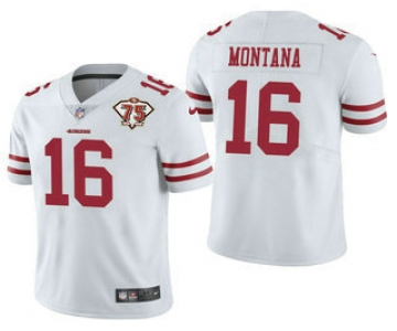 Men's San Francisco 49ers #16 Joe Montana White 75th Anniversary Patch 2021 Vapor Untouchable Stitched Nike Limited Jersey