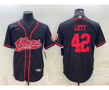 Men's San Francisco 49ers #42 Ronnie Lott Black With Patch Cool Base Stitched Baseball Jersey