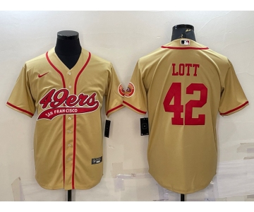 Men's San Francisco 49ers #42 Ronnie Lott Gold With Patch Cool Base Stitched Baseball Jersey