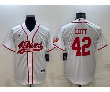 Men's San Francisco 49ers #42 Ronnie Lott White With Patch Cool Base Stitched Baseball Jersey