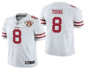 Men's San Francisco 49ers #8 Steve Young White 75th Anniversary Patch 2021 Vapor Untouchable Stitched Nike Limited Jersey