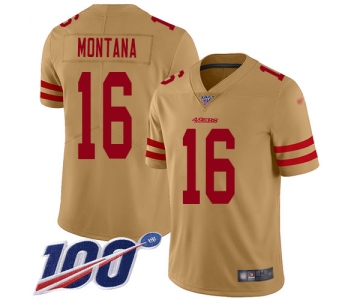 Nike 49ers #16 Joe Montana Gold Men's Stitched NFL Limited Inverted Legend 100th Season Jersey