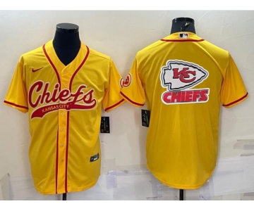 Men's Kansas City Chiefs Gold Team Big Logo With Patch Cool Base Stitched Baseball Jersey