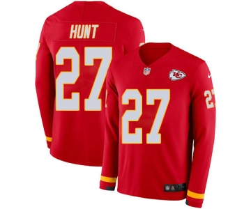 Nike Chiefs 27 Kareem Hunt Red Team Color Men's Stitched NFL Limited Therma Long Sleeve Jersey