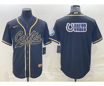 Men's Indianapolis Colts Black Gold Team Big Logo With Patch Cool Base Stitched Baseball Jersey