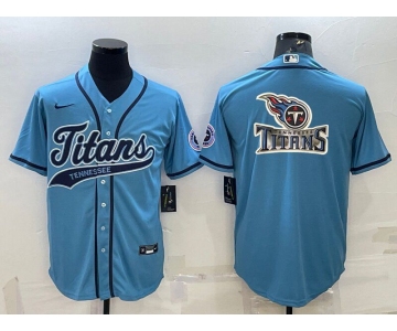 Men's Tennessee Titans Blue Team Big Logo With Patch Cool Base Stitched Baseball Jersey