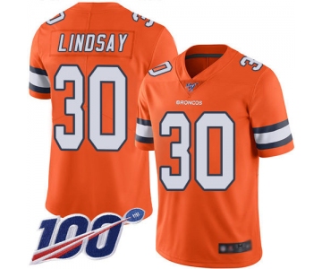 Broncos #30 Phillip Lindsay Orange Men's Stitched Football Limited Rush 100th Season Jersey