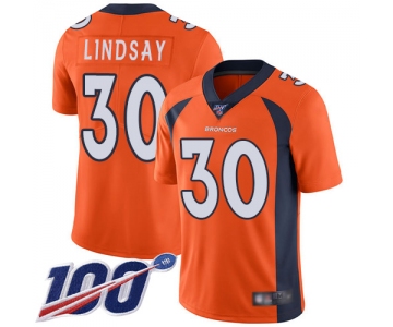 Broncos #30 Phillip Lindsay Orange Team Color Men's Stitched Football 100th Season Vapor Limited Jersey