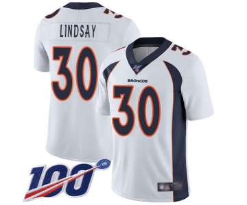 Broncos #30 Phillip Lindsay White Men's Stitched Football 100th Season Vapor Limited Jersey