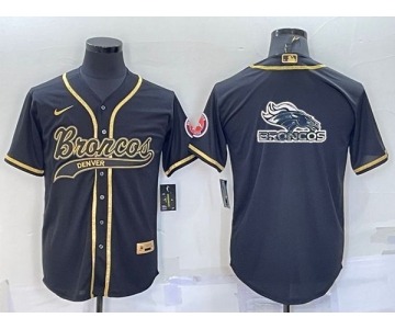 Men's Denver Broncos Black Gold Team Big Logo With Patch Cool Base Stitched Baseball Jersey