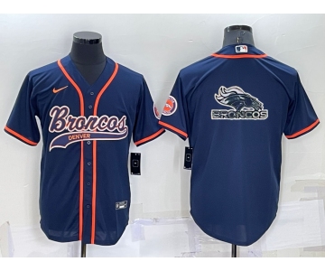 Men's Denver Broncos Navy Team Big Logo With Patch Cool Base Stitched Baseball Jersey