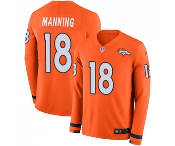 Nike Broncos 18 Peyton Manning Orange Team Color Men's Stitched NFL Limited Therma Long Sleeve Jersey