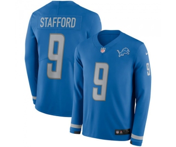 Men Nike Detroit Lions 9 Matthew Stafford blue Therma Long Sleeve Jersey