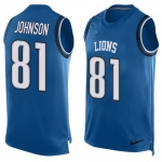 Men's Detroit Lions #81 Calvin Johnson Light Blue Hot Pressing Player Name & Number Nike NFL Tank Top Jersey