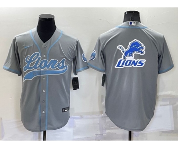 Men's Detroit Lions Grey Team Big Logo With Patch Cool Base Stitched Baseball Jersey