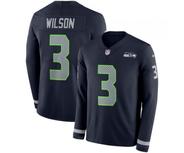 Men Nike Seattle Seahawks 3 Russell Wilson Blue Therma Long Sleeve Jersey