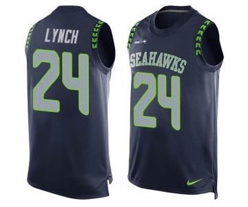 Men's Seattle Seahawks #24 Marshawn Lynch Navy Blue Hot Pressing Player Name & Number Nike NFL Tank Top Jersey