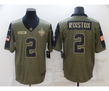 Men's New Orleans Saints #2 Jameis Winston 2021 Olive Salute To Service Limited Stitched Jersey