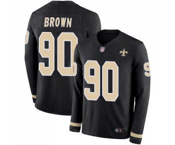 Men's New Orleans Saints #90 Malcom Brown Black Team Color Men's Stitched Football Limited Therma Long Sleeve Jersey