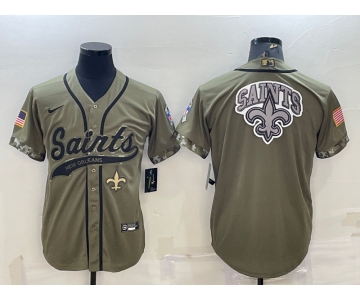 Men's New Orleans Saints Olive Salute to Service Team Big Logo Cool Base Stitched Baseball Jersey