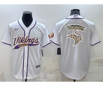 Men's Minnesota Vikings White Team Big Logo With Patch Cool Base Stitched Baseball Jersey