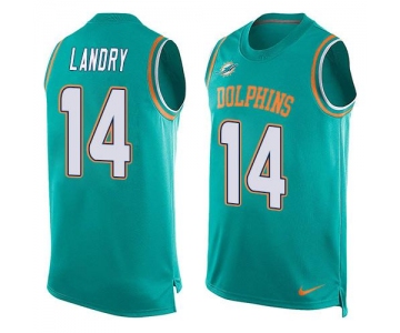 Men's Miami Dolphins #14 Jarvis Landry Aqua Green Hot Pressing Player Name & Number Nike NFL Tank Top Jersey